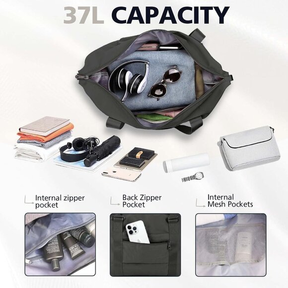 Women Men Black Waterproof Carry On Tote Travel Duffle Bag with Trolley Sleeve - Picture 3 of 7